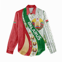 Belarus National Emblem Women Casual Shirt with Green Red Gold Floral Folk Pattern Design