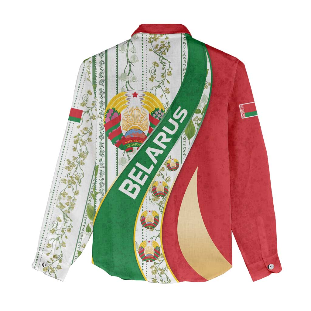 Belarus National Emblem Women Casual Shirt with Green Red Gold Floral Folk Pattern Design