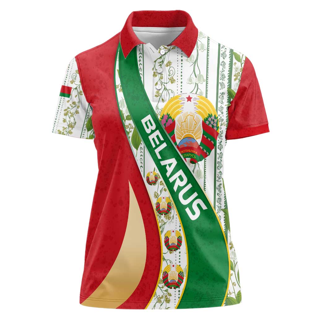 Belarus National Emblem Women Polo Shirt with Green Red Gold Floral Folk Pattern Design