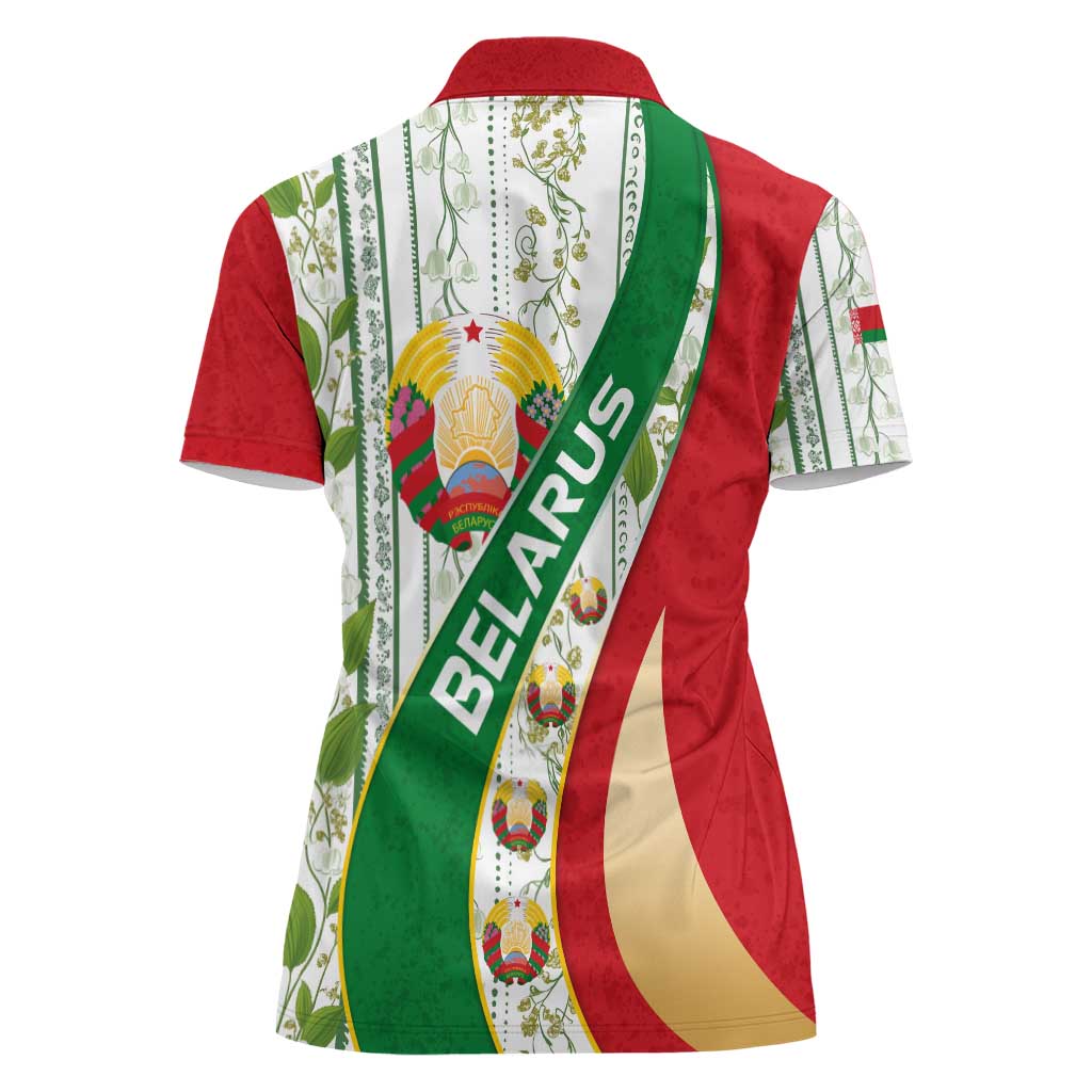 Belarus National Emblem Women Polo Shirt with Green Red Gold Floral Folk Pattern Design