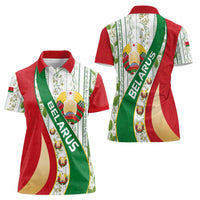 Belarus National Emblem Women Polo Shirt with Green Red Gold Floral Folk Pattern Design