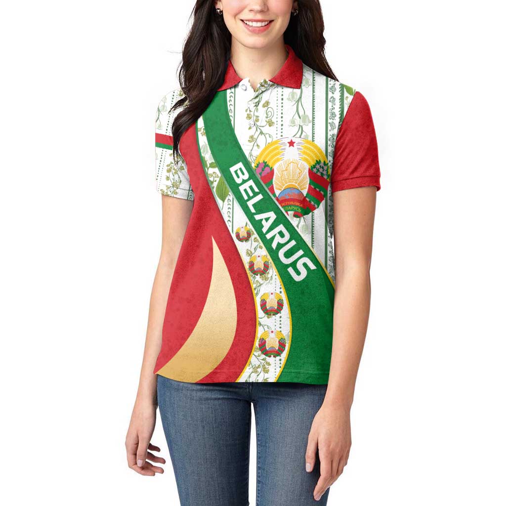 Belarus National Emblem Women Polo Shirt with Green Red Gold Floral Folk Pattern Design