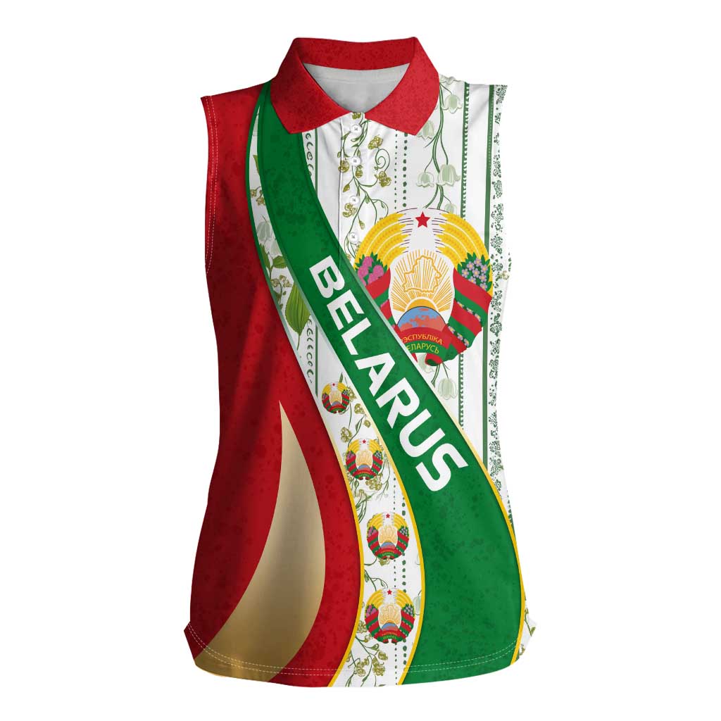 Belarus National Emblem Women Sleeveless Polo Shirt with Green Red Gold Floral Folk Pattern Design