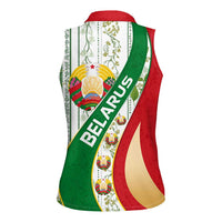 Belarus National Emblem Women Sleeveless Polo Shirt with Green Red Gold Floral Folk Pattern Design