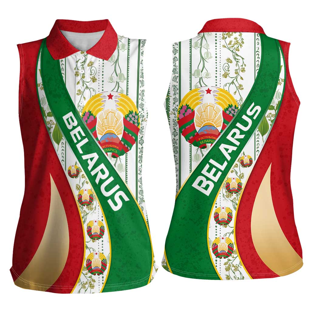 Belarus National Emblem Women Sleeveless Polo Shirt with Green Red Gold Floral Folk Pattern Design