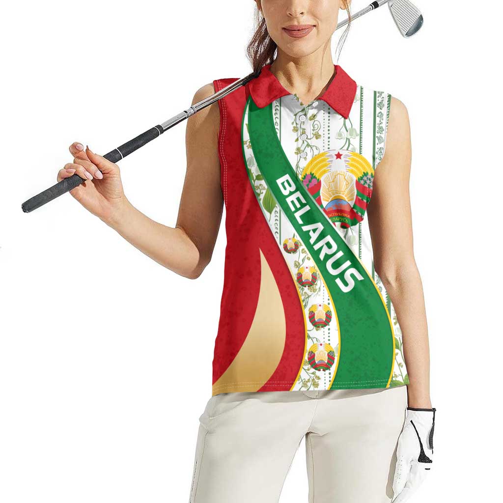 Belarus National Emblem Women Sleeveless Polo Shirt with Green Red Gold Floral Folk Pattern Design