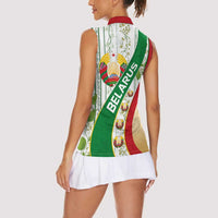 Belarus National Emblem Women Sleeveless Polo Shirt with Green Red Gold Floral Folk Pattern Design