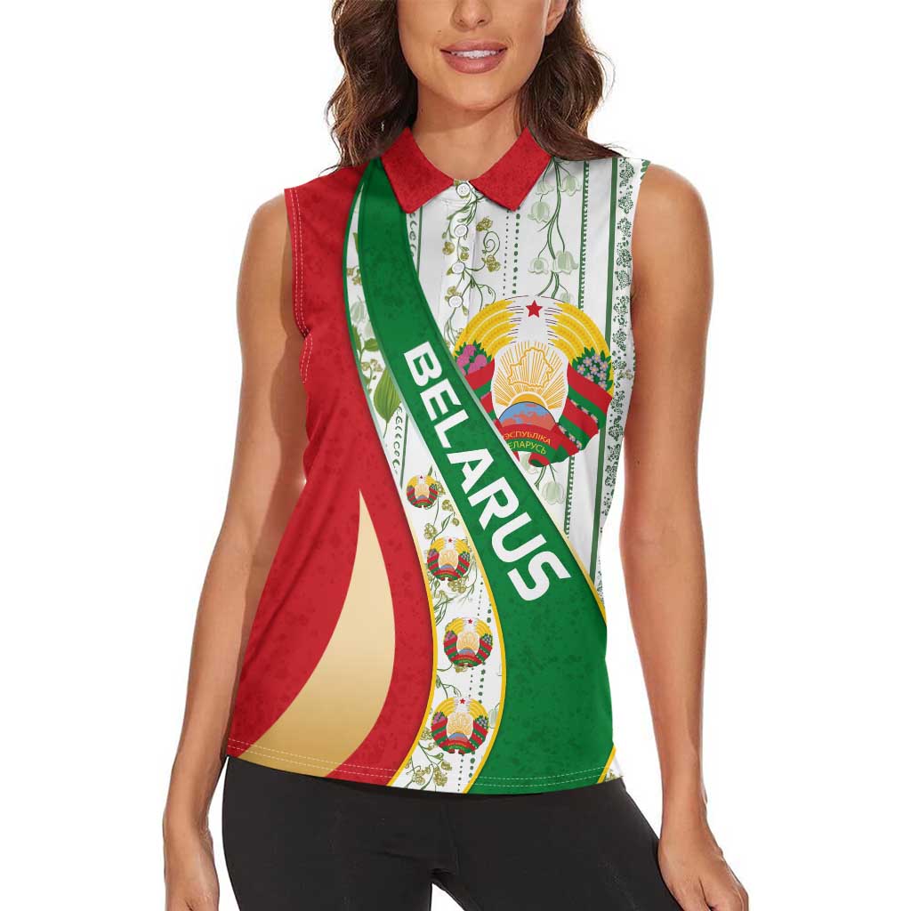 Belarus National Emblem Women Sleeveless Polo Shirt with Green Red Gold Floral Folk Pattern Design