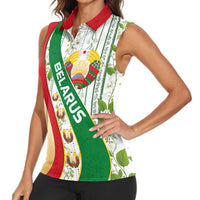 Belarus National Emblem Women Sleeveless Polo Shirt with Green Red Gold Floral Folk Pattern Design