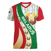 Belarus National Emblem Women V-Neck T-Shirt with Green Red Gold Floral Folk Pattern Design