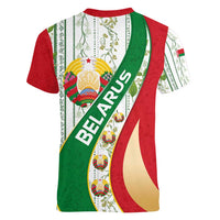 Belarus National Emblem Women V-Neck T-Shirt with Green Red Gold Floral Folk Pattern Design
