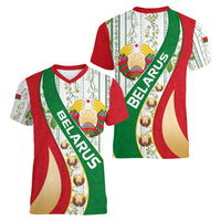 Belarus National Emblem Women V-Neck T-Shirt with Green Red Gold Floral Folk Pattern Design