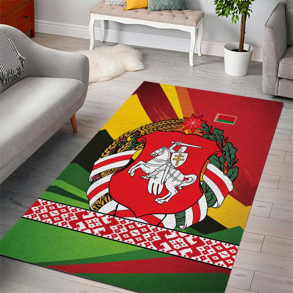 Belarus Red and Yellow National Crest Area Rug with Pahonia Knight and Folk Motif Design
