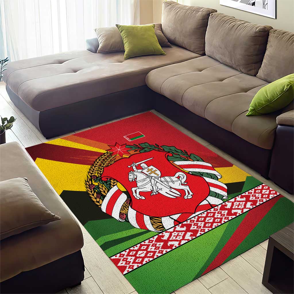Belarus Red and Yellow National Crest Area Rug with Pahonia Knight and Folk Motif Design