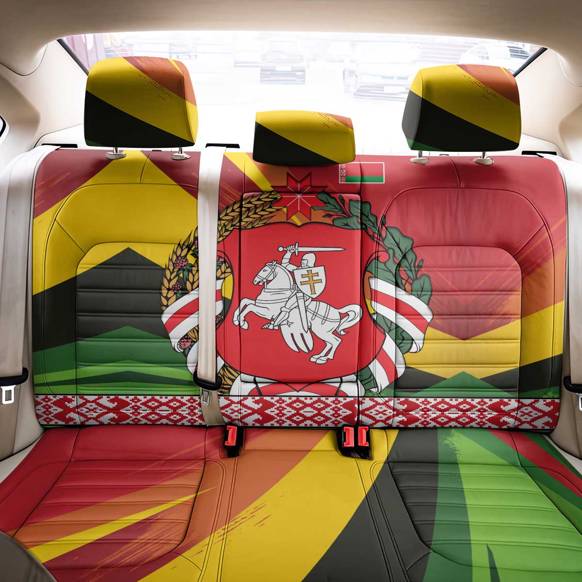 Belarus Red and Yellow National Crest Back Car Seat Cover with Pahonia Knight and Folk Motif Design