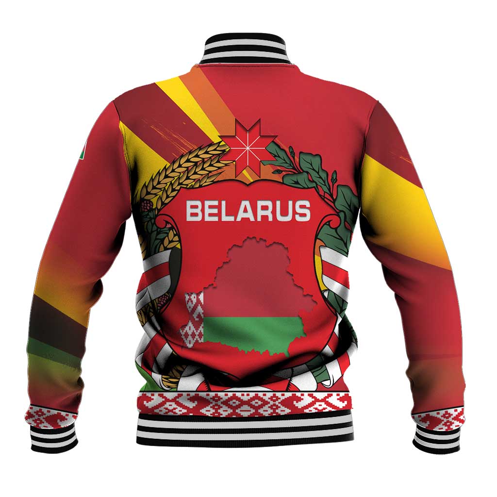 Belarus Red and Yellow National Crest Baseball Jacket with Pahonia Knight and Folk Motif Design