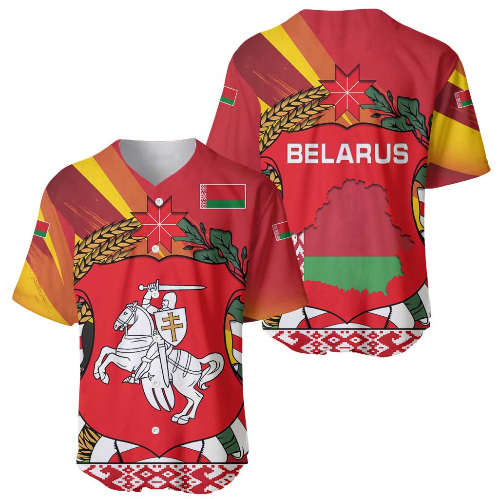 Belarus Red and Yellow National Crest Baseball Jersey with Pahonia Knight and Folk Motif Design