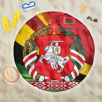Belarus Red and Yellow National Crest Beach Blanket with Pahonia Knight and Folk Motif Design