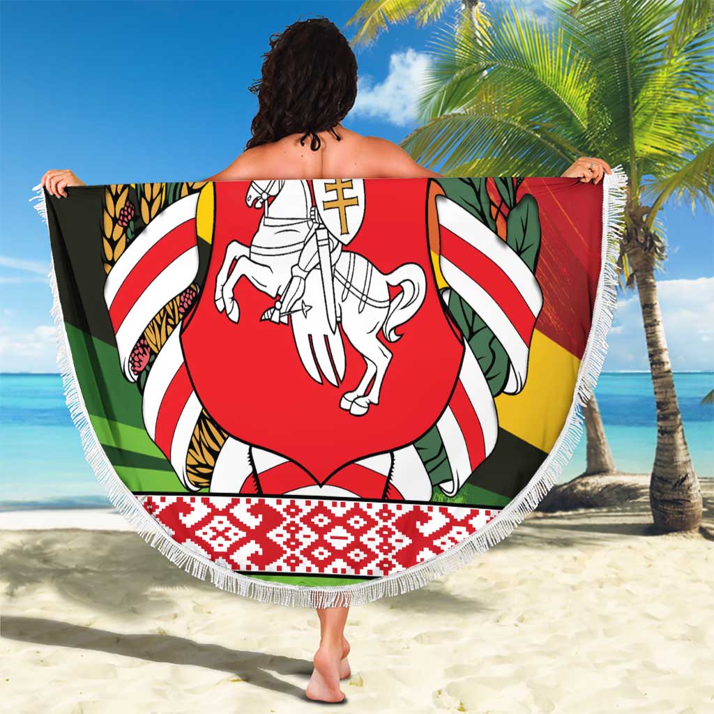 Belarus Red and Yellow National Crest Beach Blanket with Pahonia Knight and Folk Motif Design