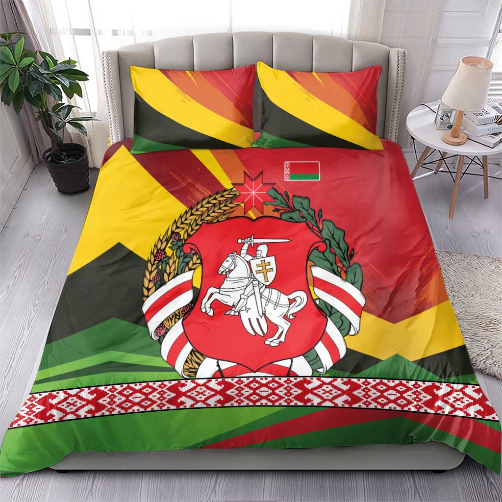Belarus Red and Yellow National Crest Bedding Set with Pahonia Knight and Folk Motif Design