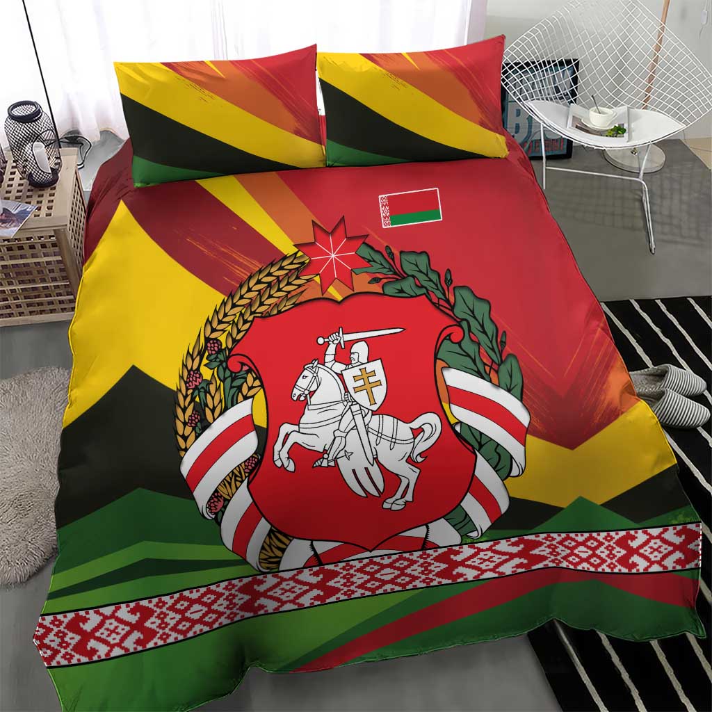 Belarus Red and Yellow National Crest Bedding Set with Pahonia Knight and Folk Motif Design