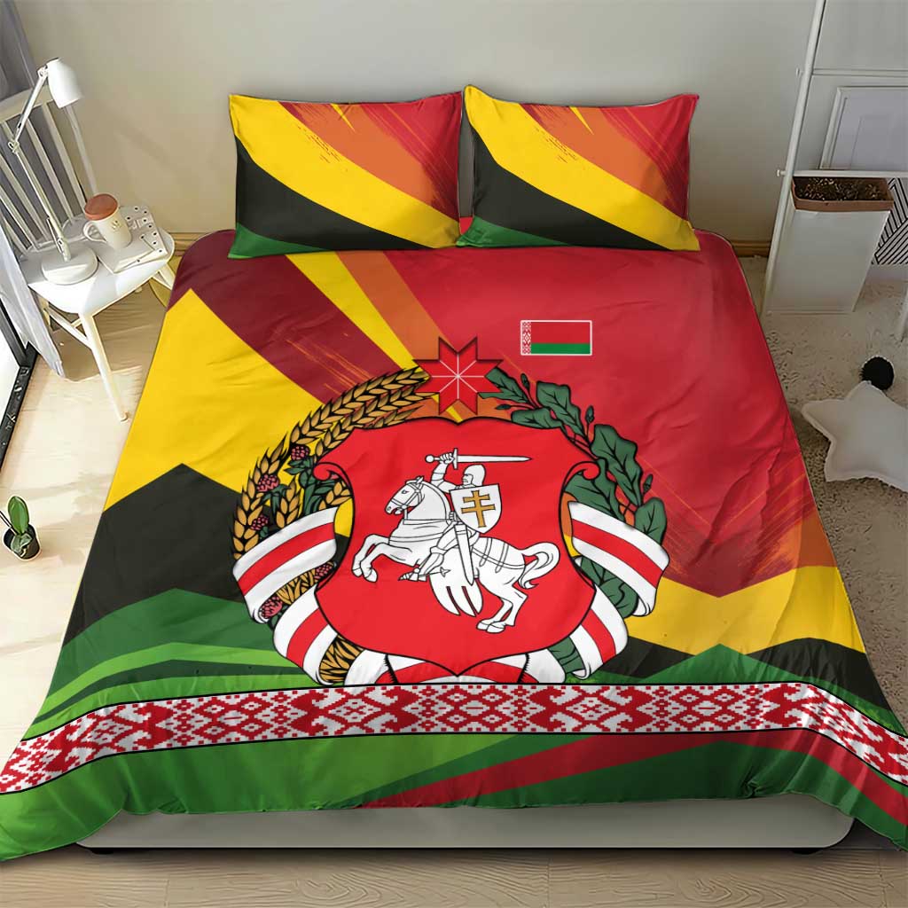 Belarus Red and Yellow National Crest Bedding Set with Pahonia Knight and Folk Motif Design