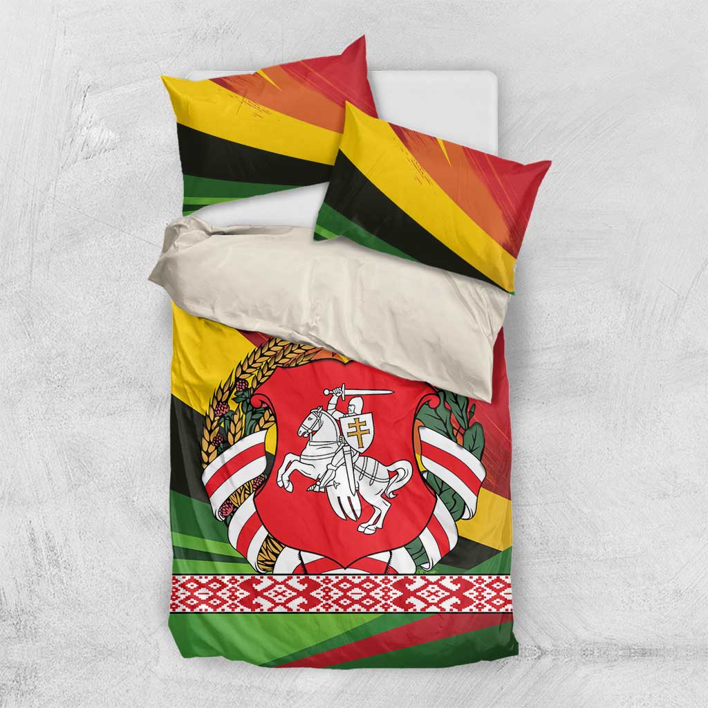 Belarus Red and Yellow National Crest Bedding Set with Pahonia Knight and Folk Motif Design