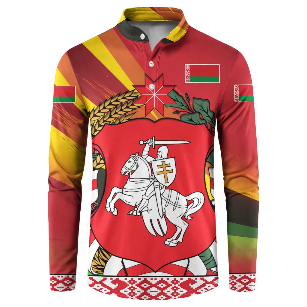 Belarus Red and Yellow National Crest Button Sweatshirt with Pahonia Knight and Folk Motif Design