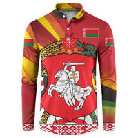 Belarus Red and Yellow National Crest Button Sweatshirt with Pahonia Knight and Folk Motif Design