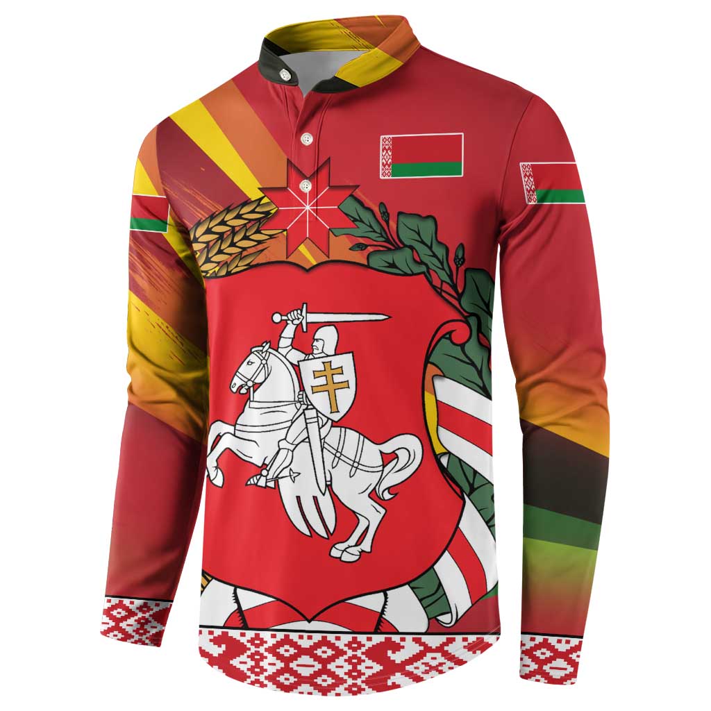Belarus Red and Yellow National Crest Button Sweatshirt with Pahonia Knight and Folk Motif Design