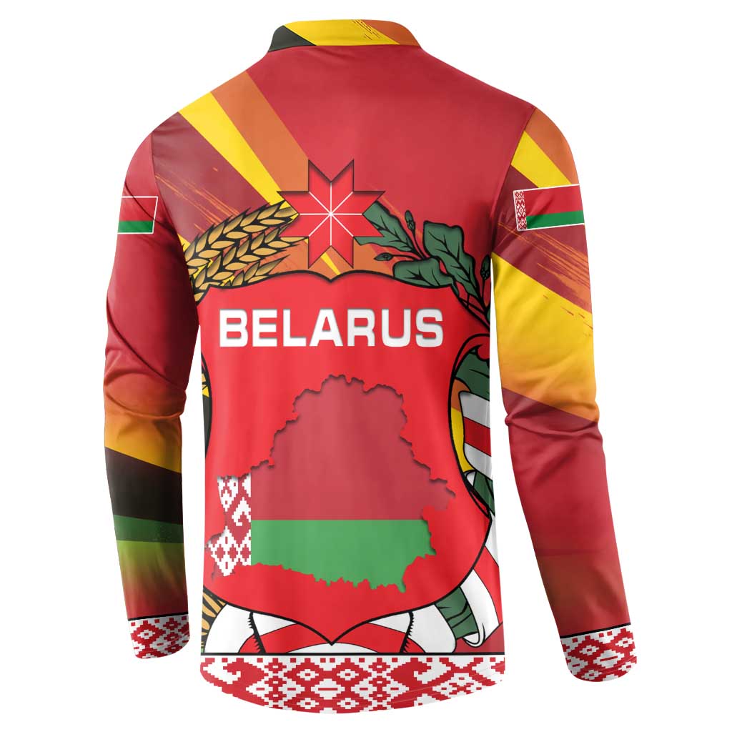 Belarus Red and Yellow National Crest Button Sweatshirt with Pahonia Knight and Folk Motif Design