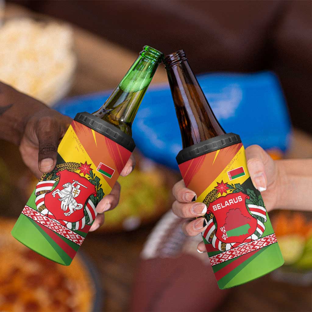 Belarus Red and Yellow National Crest 4 in 1 Can Cooler Tumbler with Pahonia Knight and Folk Motif Design