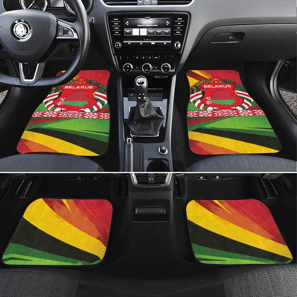 Belarus Red and Yellow National Crest Car Mats with Pahonia Knight and Folk Motif Design