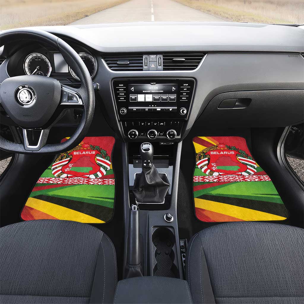Belarus Red and Yellow National Crest Car Mats with Pahonia Knight and Folk Motif Design