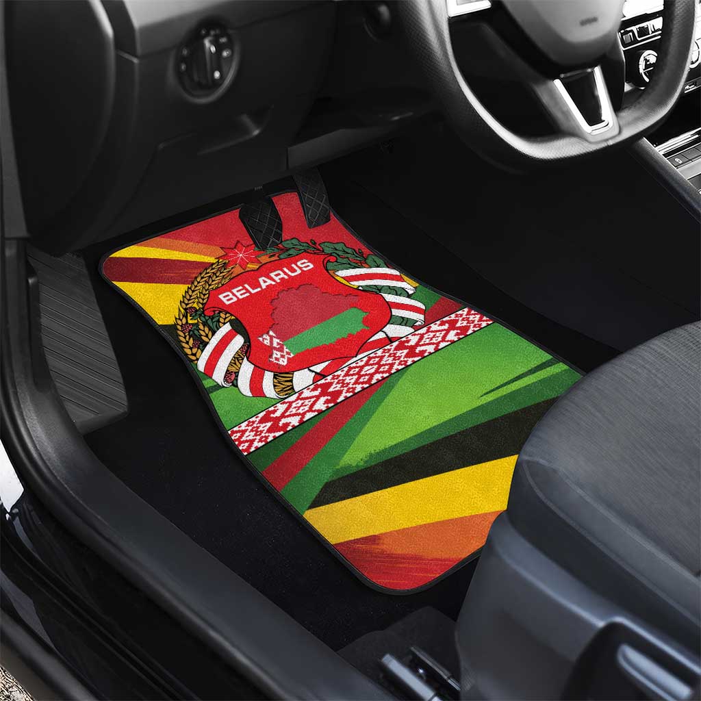 Belarus Red and Yellow National Crest Car Mats with Pahonia Knight and Folk Motif Design