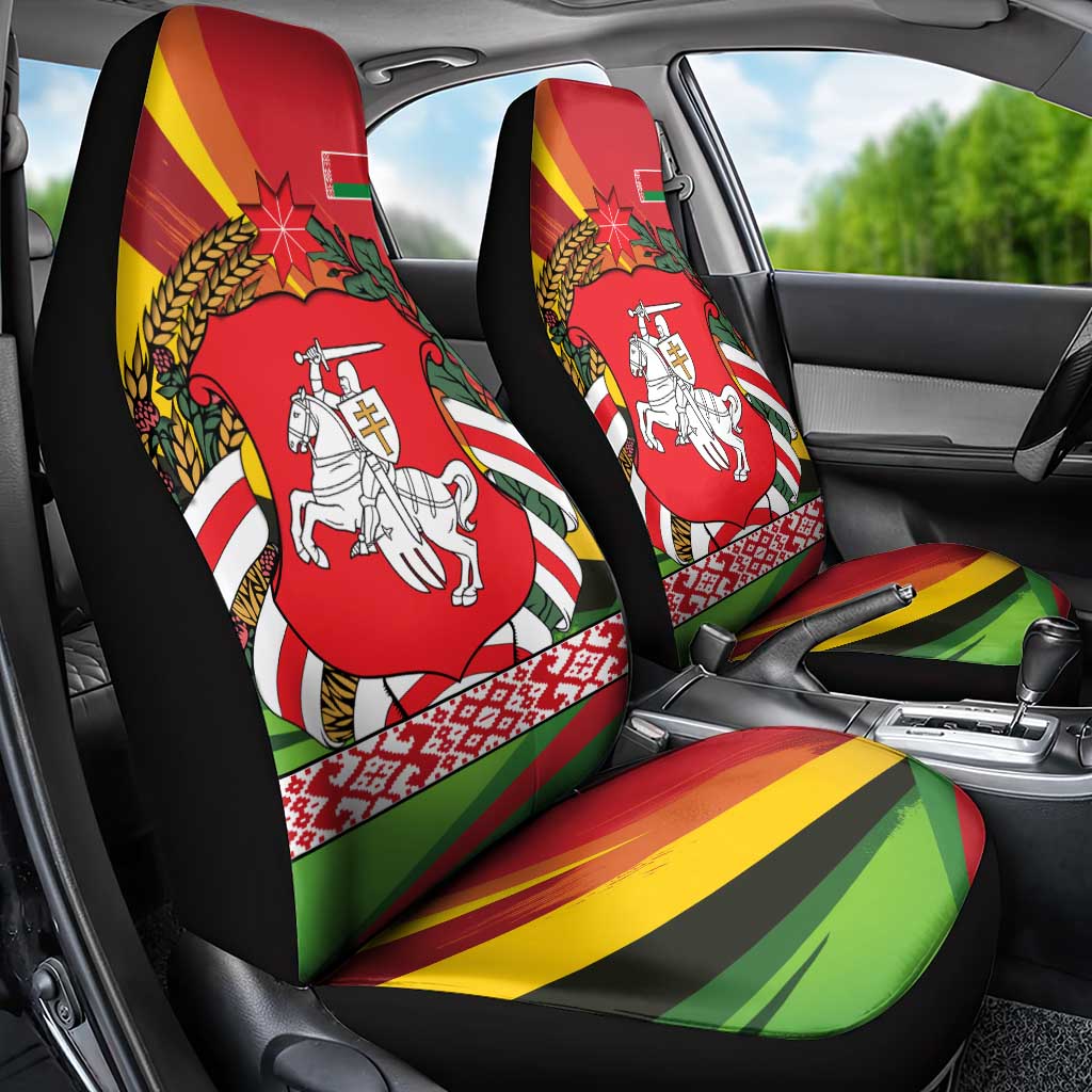 Belarus Red and Yellow National Crest Car Seat Cover with Pahonia Knight and Folk Motif Design