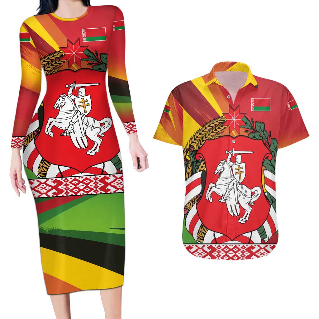 Belarus Red and Yellow National Crest Couples Matching Long Sleeve Bodycon Dress and Hawaiian Shirt with Pahonia Knight and Folk Motif Design