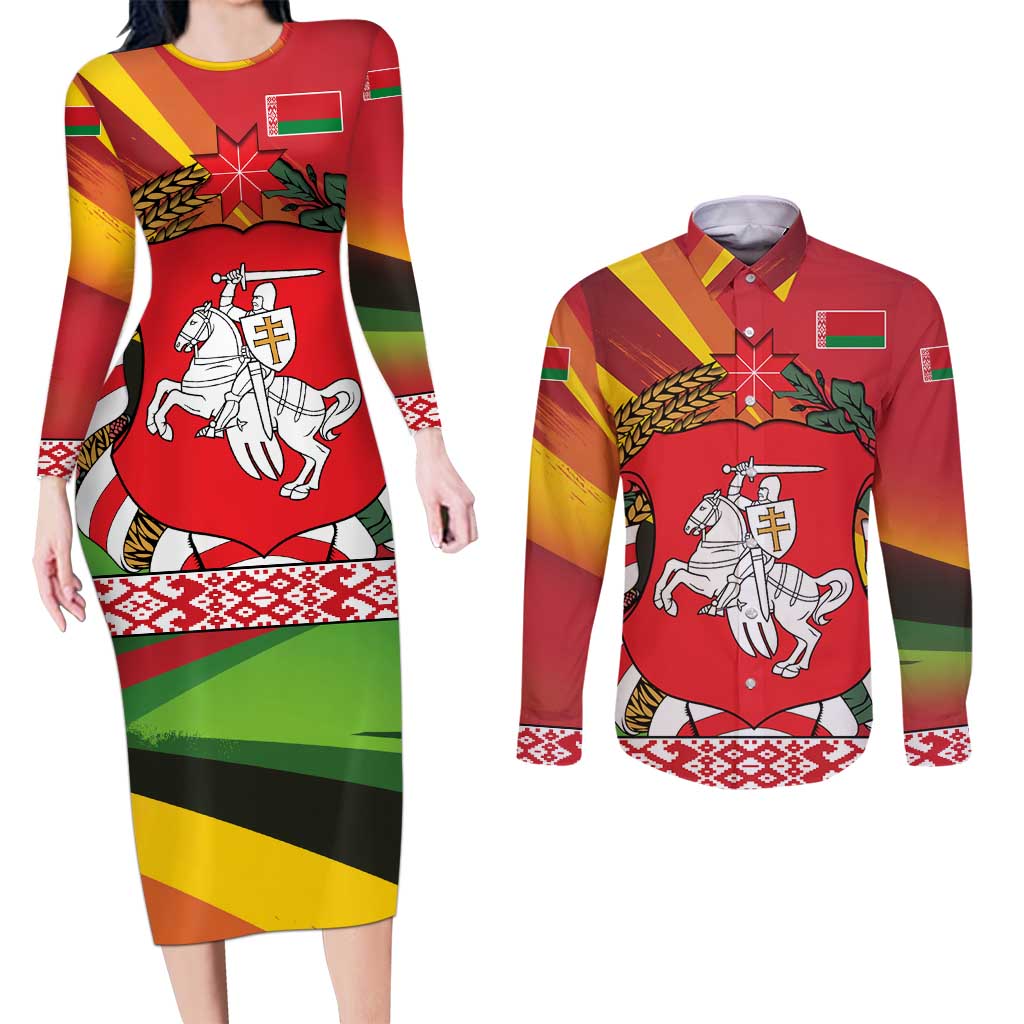 Belarus Red and Yellow National Crest Couples Matching Long Sleeve Bodycon Dress and Long Sleeve Button Shirt with Pahonia Knight and Folk Motif Design