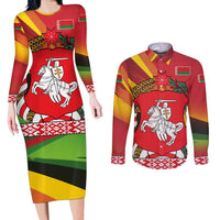 Belarus Red and Yellow National Crest Couples Matching Long Sleeve Bodycon Dress and Long Sleeve Button Shirt with Pahonia Knight and Folk Motif Design