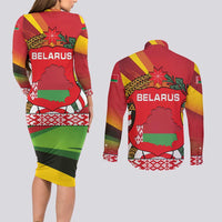 Belarus Red and Yellow National Crest Couples Matching Long Sleeve Bodycon Dress and Long Sleeve Button Shirt with Pahonia Knight and Folk Motif Design