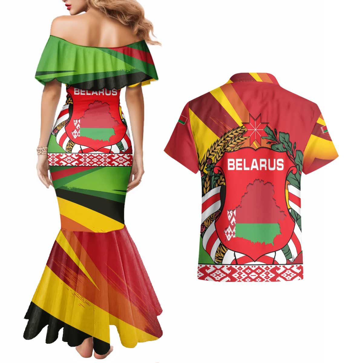 Belarus Red and Yellow National Crest Couples Matching Mermaid Dress and Hawaiian Shirt with Pahonia Knight and Folk Motif Design