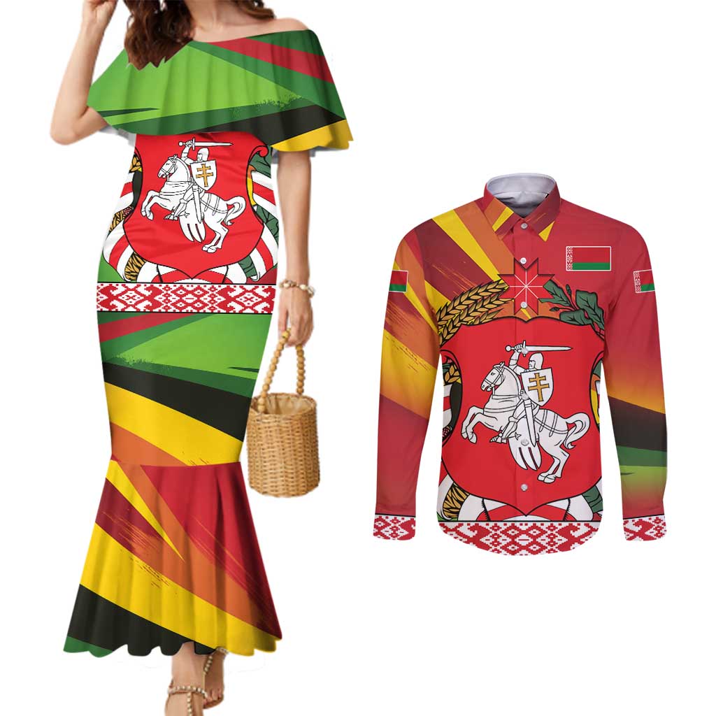 Belarus Red and Yellow National Crest Couples Matching Mermaid Dress and Long Sleeve Button Shirt with Pahonia Knight and Folk Motif Design