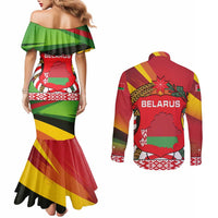 Belarus Red and Yellow National Crest Couples Matching Mermaid Dress and Long Sleeve Button Shirt with Pahonia Knight and Folk Motif Design