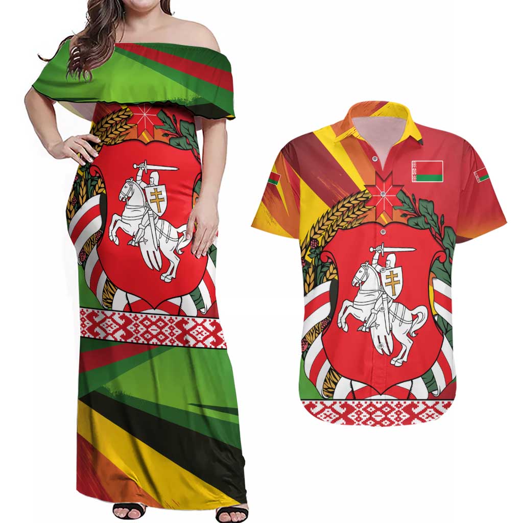 Belarus Red and Yellow National Crest Couples Matching Off Shoulder Maxi Dress and Hawaiian Shirt with Pahonia Knight and Folk Motif Design
