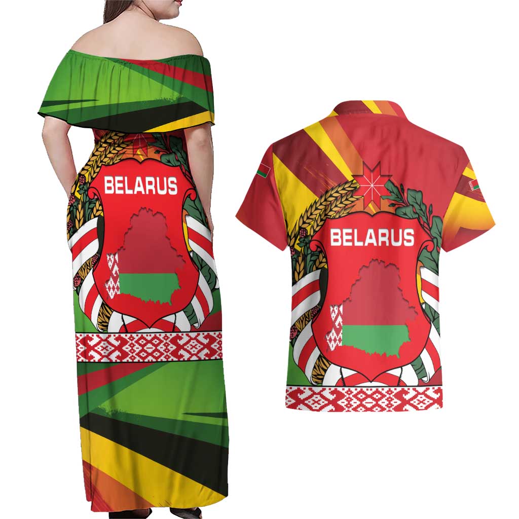 Belarus Red and Yellow National Crest Couples Matching Off Shoulder Maxi Dress and Hawaiian Shirt with Pahonia Knight and Folk Motif Design