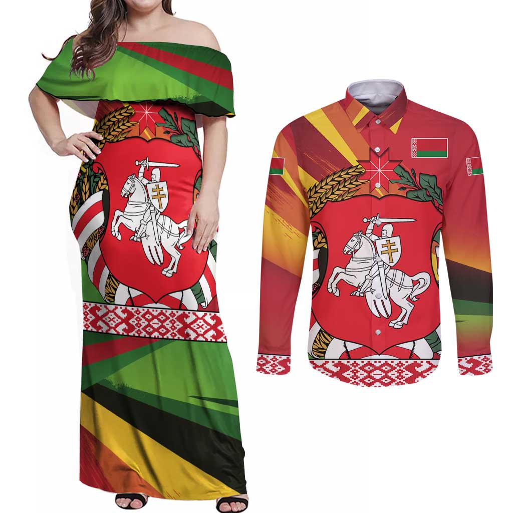 Belarus Red and Yellow National Crest Couples Matching Off Shoulder Maxi Dress and Long Sleeve Button Shirt with Pahonia Knight and Folk Motif Design