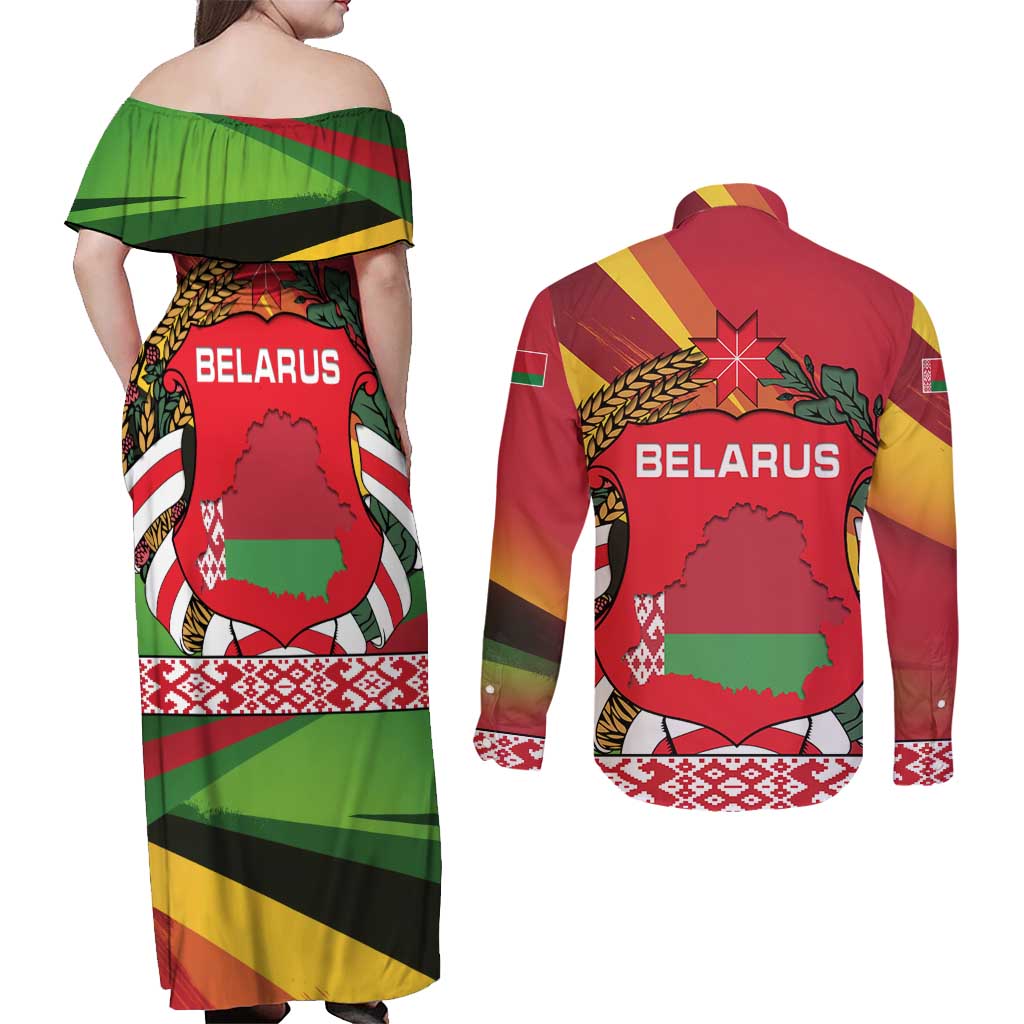 Belarus Red and Yellow National Crest Couples Matching Off Shoulder Maxi Dress and Long Sleeve Button Shirt with Pahonia Knight and Folk Motif Design