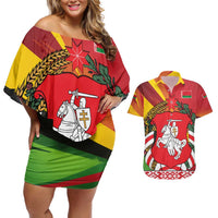 Belarus Red and Yellow National Crest Couples Matching Off Shoulder Short Dress and Hawaiian Shirt with Pahonia Knight and Folk Motif Design