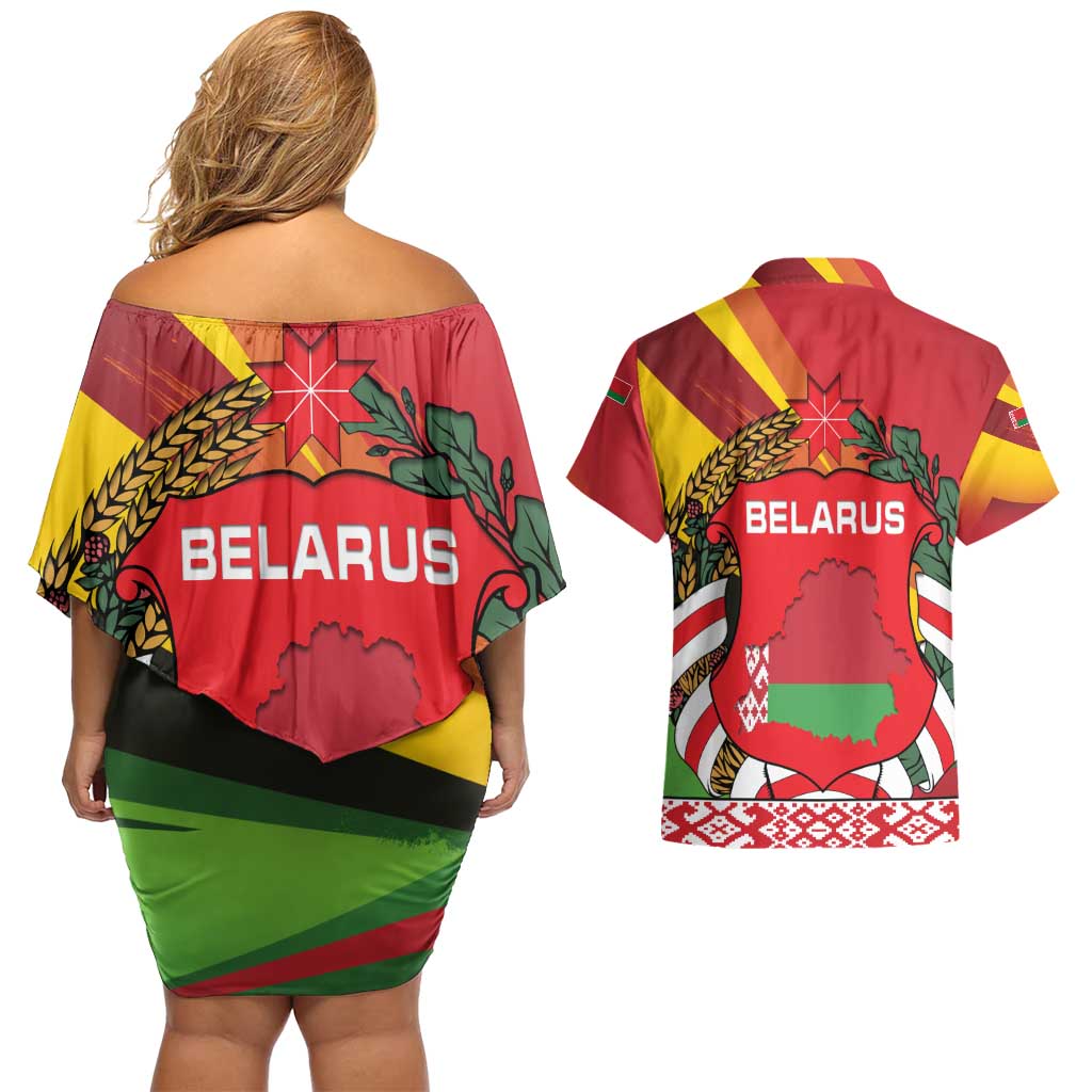 Belarus Red and Yellow National Crest Couples Matching Off Shoulder Short Dress and Hawaiian Shirt with Pahonia Knight and Folk Motif Design