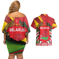 Belarus Red and Yellow National Crest Couples Matching Off Shoulder Short Dress and Hawaiian Shirt with Pahonia Knight and Folk Motif Design